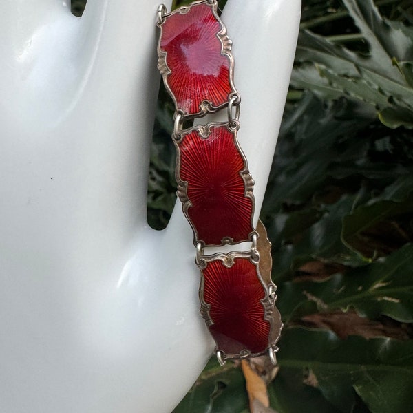 Vintage Norway STERLING GUILLOUCHE Enamel  BRACELET Red Silver Estate Signed 925