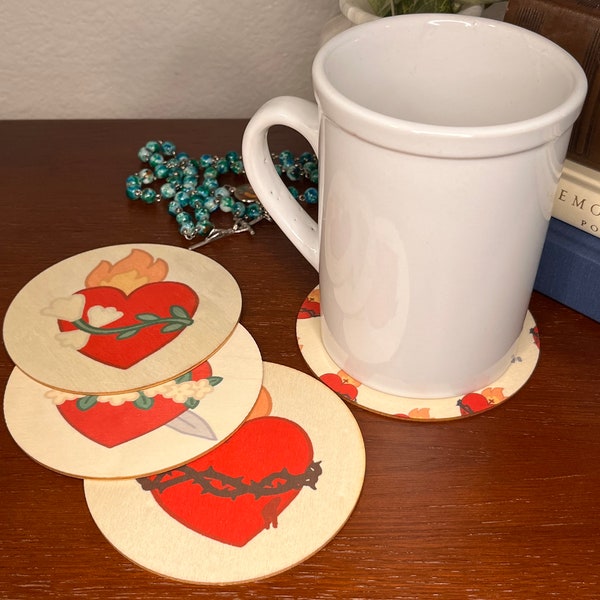 Holy Hearts Coaster Set - Wooden Coaster- Sacred Heart, Immaculate Heart, Most Chaste Heart