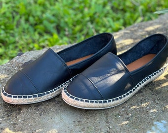 Classic Flat Black Espadrilles, Women Leather Espadrilles , Grounding Genuine Leather Handmade Shoes, Natural Leather Barefoot Sandals