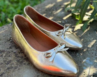 Gold Ballet Flat, Natural Leather Barefoot Shoes, Women Ballet Shoes, Pointy Mules Shoes, Genuine Leather Pointy Toes Daily Ballerina  Flat