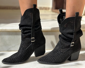 Gusseted Suede Thick Heels Summer Boots, Cowgirl Perforated Ankle Boots, Western Women Boot, Western Pointy Toe Boots, Black Ankle Tall Boot