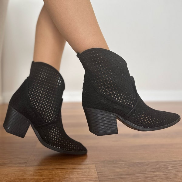 Summer Suede Boots , Cowgirl Perforated Boots, Western Pointy Toe Boots,  Western Ankle Boots, Cowboy Black Women Boots, Black Ankle Boots