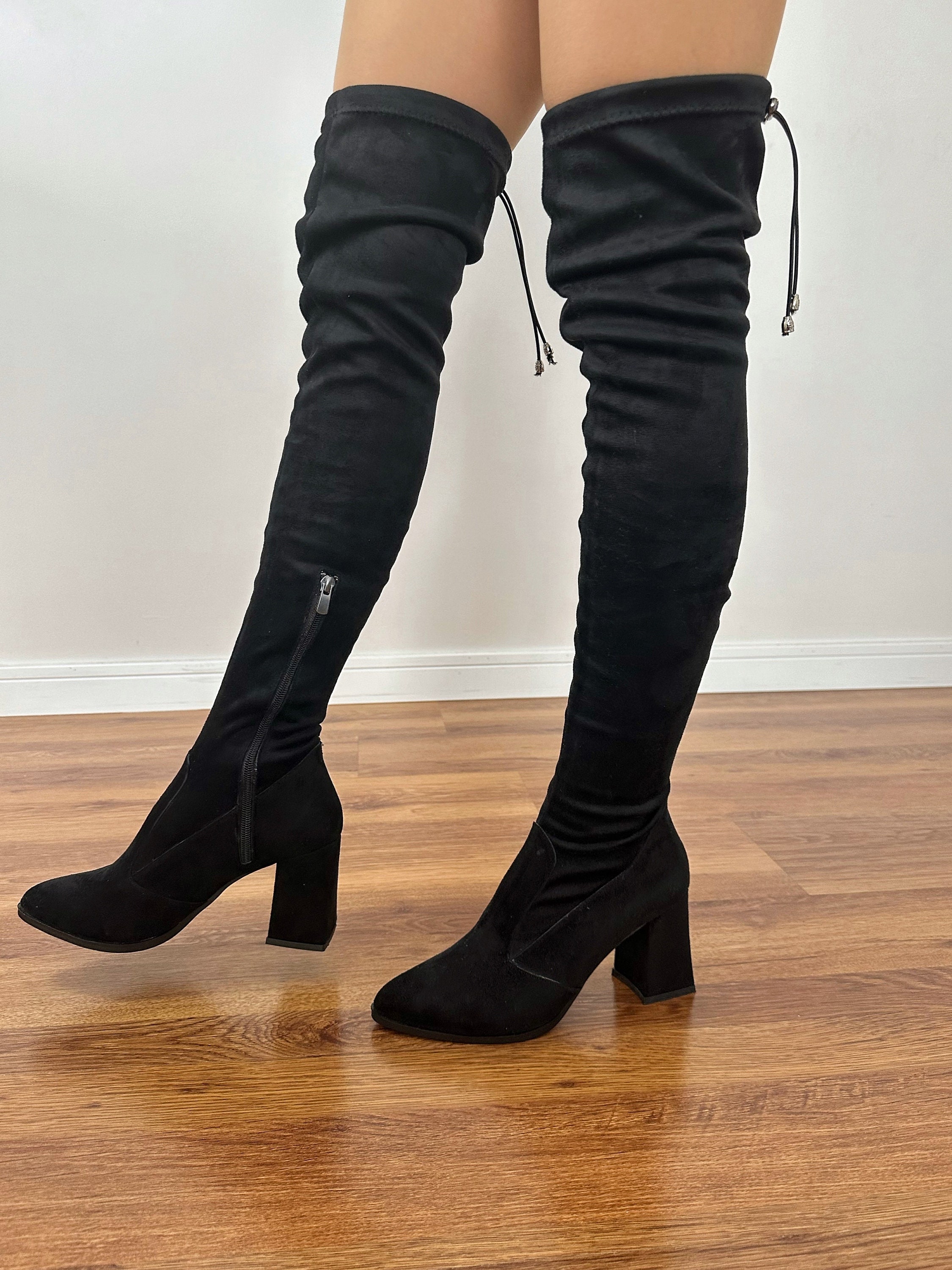 Black suede knee high block heel boots new arrivals