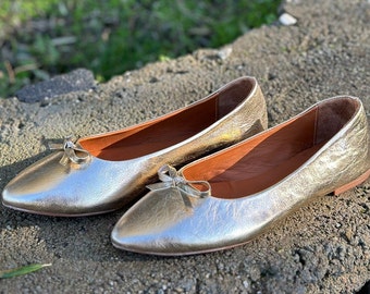 Gold Ballet Flat, Natural Leather Barefoot Shoes, Women Ballet Shoes, Pointy Mules Shoes,  Pointy Toes Ballerina  Flat, Mother's Day Gift