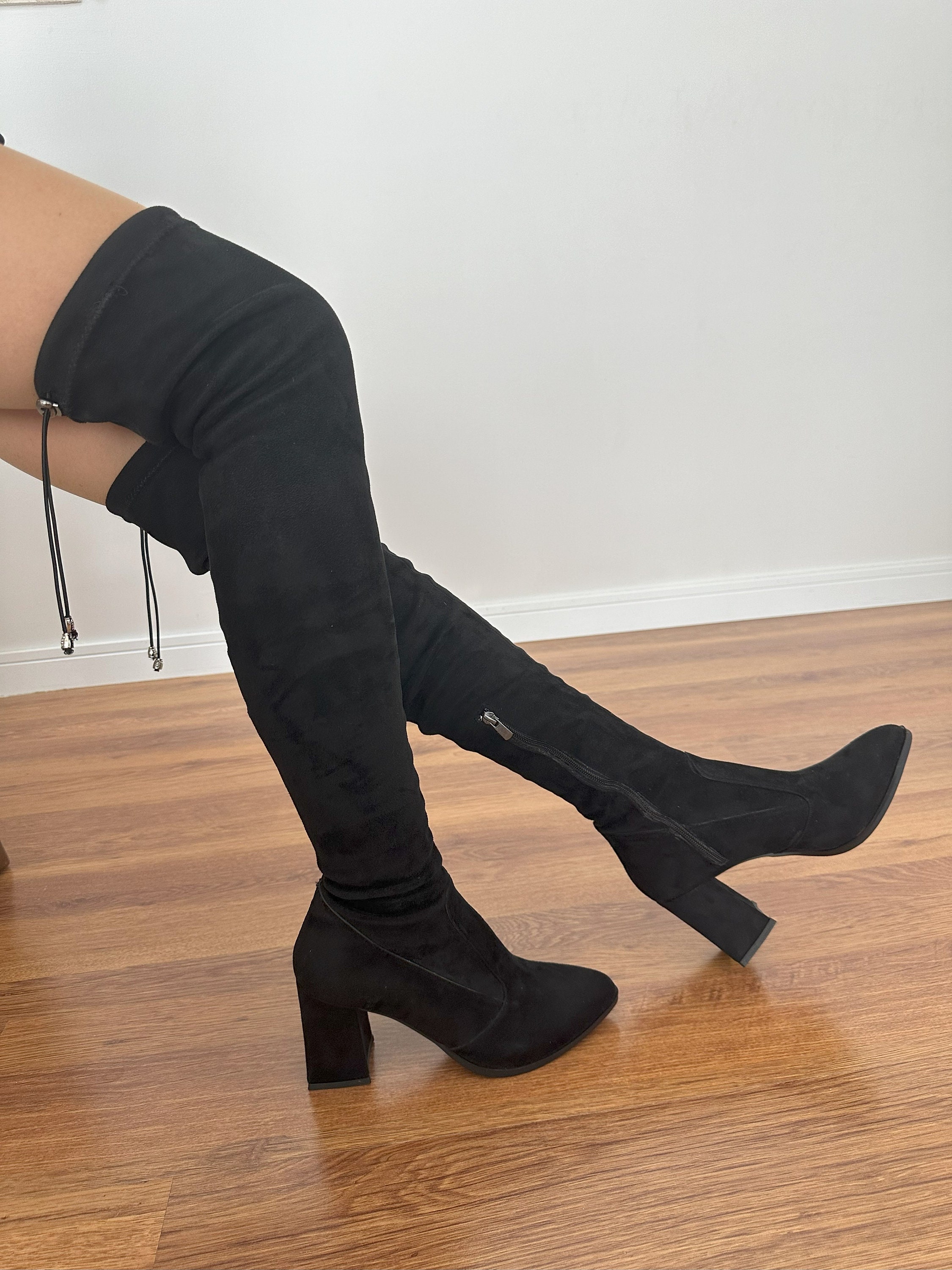 Black stretch suede over the knee boots online