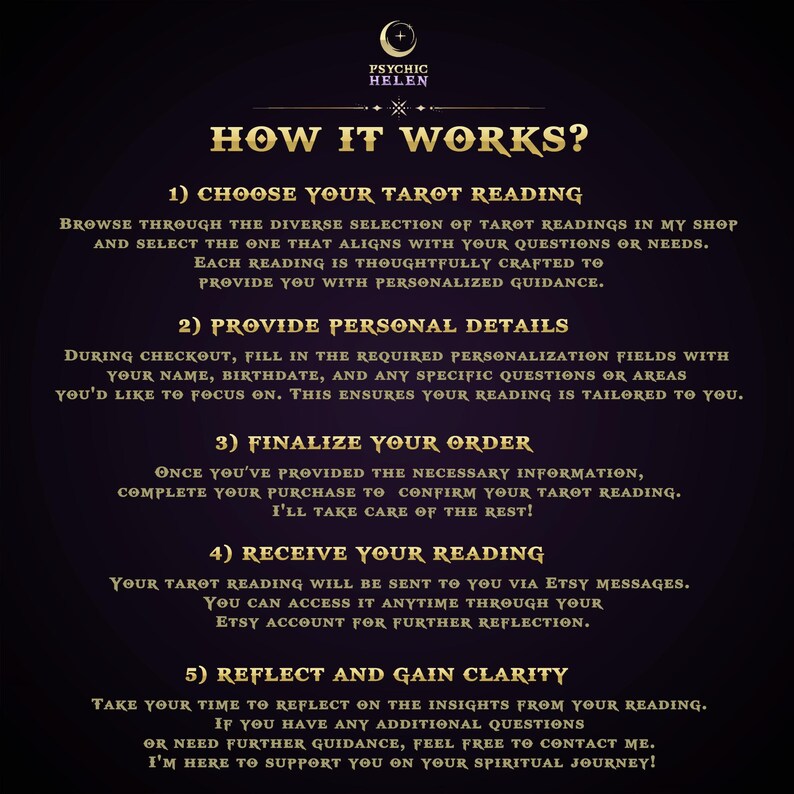 May include: A black and gold graphic with the text "How It Works?" and five steps for ordering a tarot reading. The steps are: 1) Choose Your Tarot Reading, 2) Provide Personal Details, 3) Finalize Your Order, 4) Receive Your Reading, and 5) Reflect and Gain Clarity.