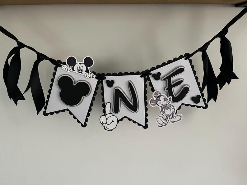 Mickey Mouse inspired bunting / banner. First birthday decoration Black and White