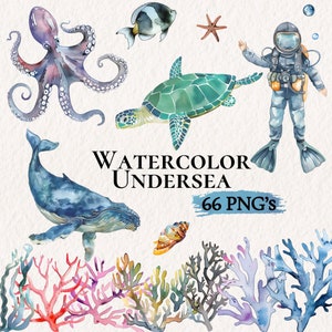 Aquarell Unterwasser Clipart-Bundle, Kinderzimmer Dekor, Baby Wandkunst, Ozeantiere PNG, Babyparty, Oktopus, Wal, Schildkröte, digitaler Download