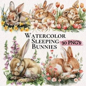 Imágenes prediseñadas de conejito durmiendo en acuarela, imágenes prediseñadas de conejito y flores, impresión de conejito para guardería, fondo transparente, PNG imprimible, alta resolución