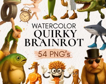 Watercolor Quirky Brainrot Clipart | Funny Surreal Animals PNG | Weird Meme Characters Art Set, Chibi Meme Characters, Digital Download