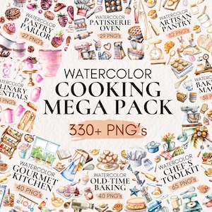 Op de afbeelding: Watercolor kook mega pack met 330+ PNG's. De afbeelding bevat verschillende aquarel illustraties van keukengereedschap, gebak en kookgerelateerde items. Bevat tekstlabels zoals "Pastry Parlor", "Patisserie Oven" en "Gourmet Kitchen".