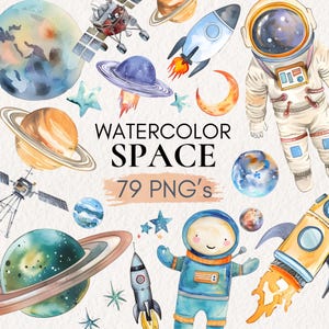 Watercolor Space Clipart Bundle, Astronaut Nursery Decor, Alien Clipart, Astronaut Spaceship, Rockets and Planets PNG, Digital Download