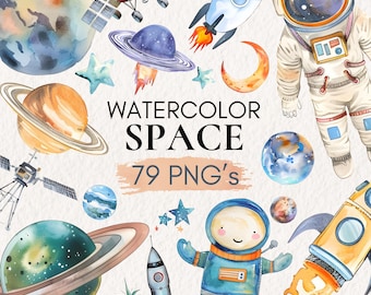 Pacchetto di clipart spaziali ad acquerello: pianeti, razzi, astronauti (download digitale)