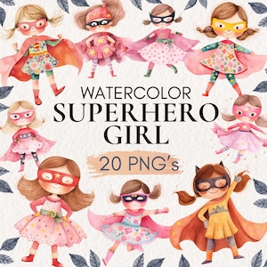 Superheld Mädchen Clipart, Aquarell Superheld Clipart, Kinderzimmer Kunst, Geburtstag, DIY Handwerk, Ermächtigung Mädchen Held, Super Mädchen PNG, Scrapbook