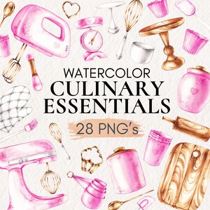 Puede incluir: Ilustración en acuarela de elementos culinarios, que incluyen una batidora de pie rosa, tazas medidoras, una balanza y un rodillo. La imagen presenta el texto "Watercolor Culinary Essentials" y "28 PNG's". La paleta de colores incluye rosa, dorado y blanco.
