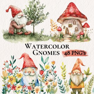 Pacchetto clipart gnomi ad acquerello, clipart giardino, grafica png gnomo nordico, sublimazione gnomo, set baby shower gnomo, PNG gnomo