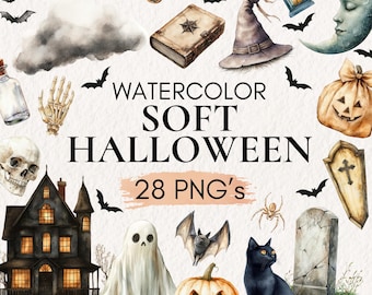 Watercolor Halloween Clipart: Pastel Ghost, Witch, Pumpkin (PNG Digital Download)