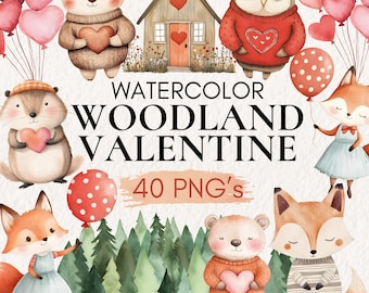 Watercolor Woodland Valentine Clipart, 40 PNG, Animal Love Decor (Digital Download)