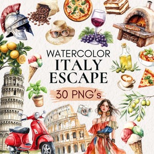 Watercolor Italy Clipart, Summer Clipart, Italian Food, Olives, Lemons Clipart, Pizza PNG, Rome Landmark Travel clipart, Digital Download