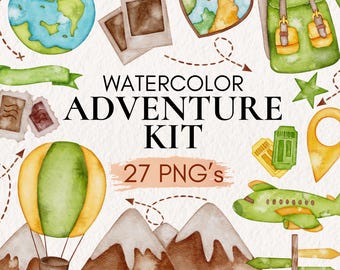 Watercolor Travel Clipart, Adventure Kit (27 PNGs)