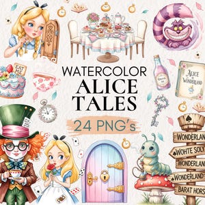 Watercolor Alice in Wonderland Clipart, Fantasy Designs (24 PNGs)