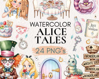 Watercolor Alice in Wonderland Clipart, Fantasy Designs (24 PNGs)