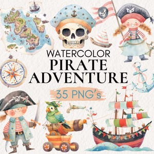 Clipart aventure de pirate aquarelle, aquarelles de pirates, clipart nautique, carte au Trésor PNG, bateau pirate, fête pirate, décoration de fête pour enfants