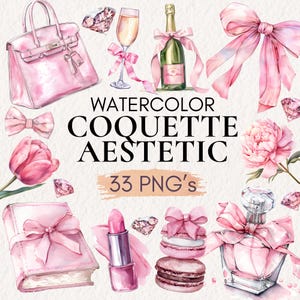 Coquette Clipart, Laços Rosa Vintage, Aquarela, Cottagecore, Balletcore, Adesivos Digitais, Planejadores, Sublimação, Decoração Retro de Luxo PNG