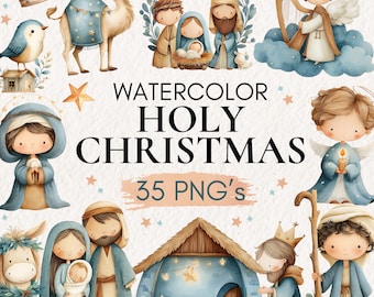 水彩画の聖なるクリスマスクリップアートセット | キリスト降誕シーン、聖母マリア、ヨセフ、天使、PNG | キリスト教のホリデーアートセット
