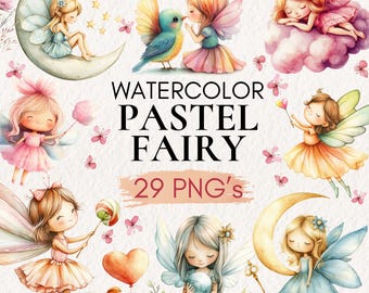 Watercolor Fairy Clipart Set | 29 Pastel PNG Illustrations (Digital Download)