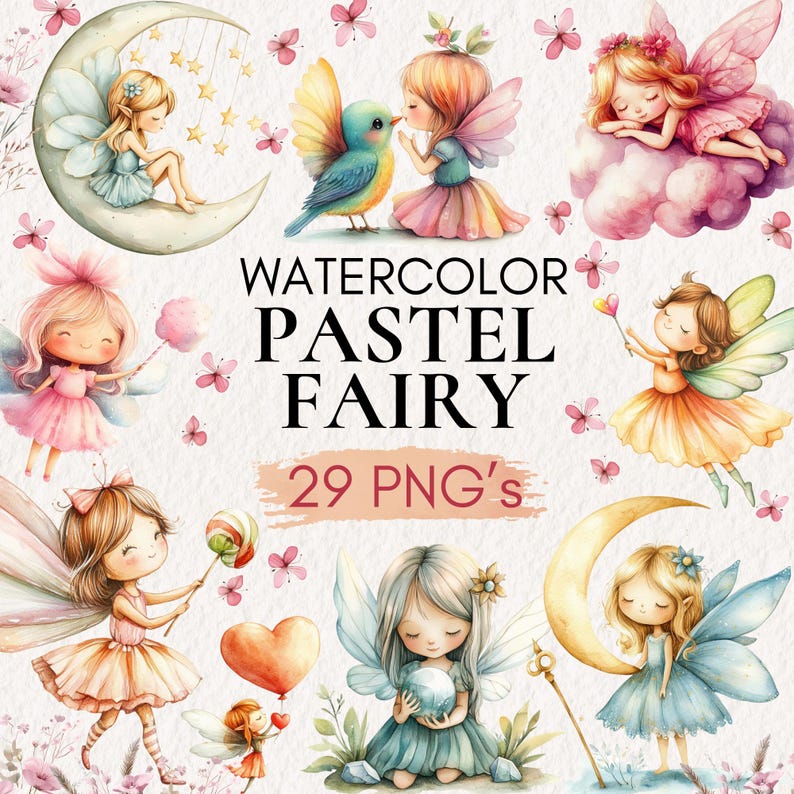 Watercolor Fairy Clipart | Pastel Fairy PNG Set | Cute Magic Girls ...