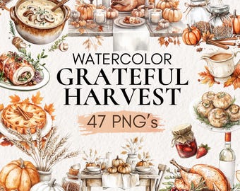 Clipart de Thanksgiving à l'aquarelle | Fête des récoltes, citrouilles (téléchargement numérique)