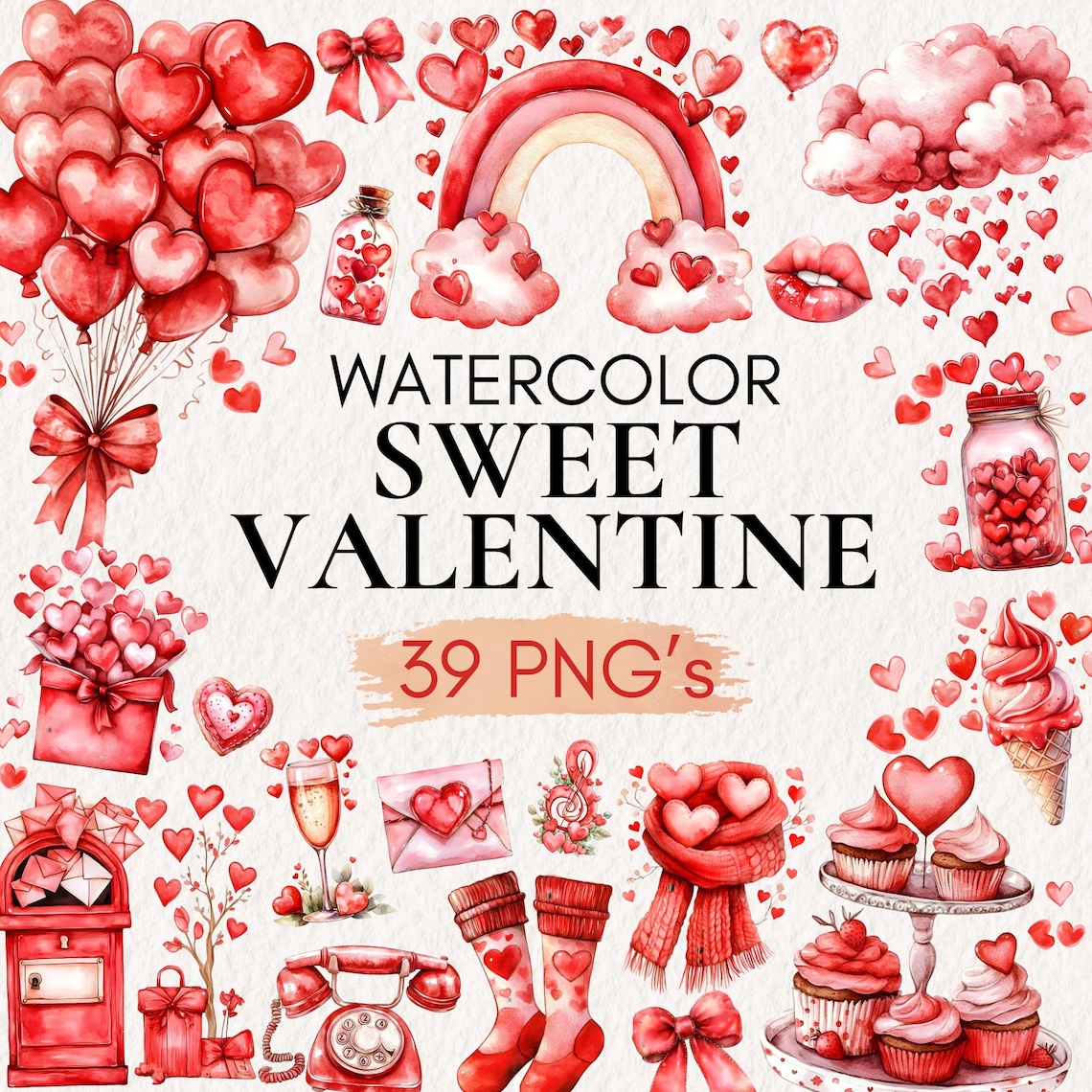 Watercolor Sweet Valentine Clipart Bundle | Red Hearts Desserts Bows ...