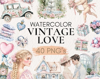 Watercolor Vintage Love Clipart Bundle | Romantic Roses Hearts Couples PNG | Shabby Chic Valentine Art Set, Love Day Clipart, Valentine PNG