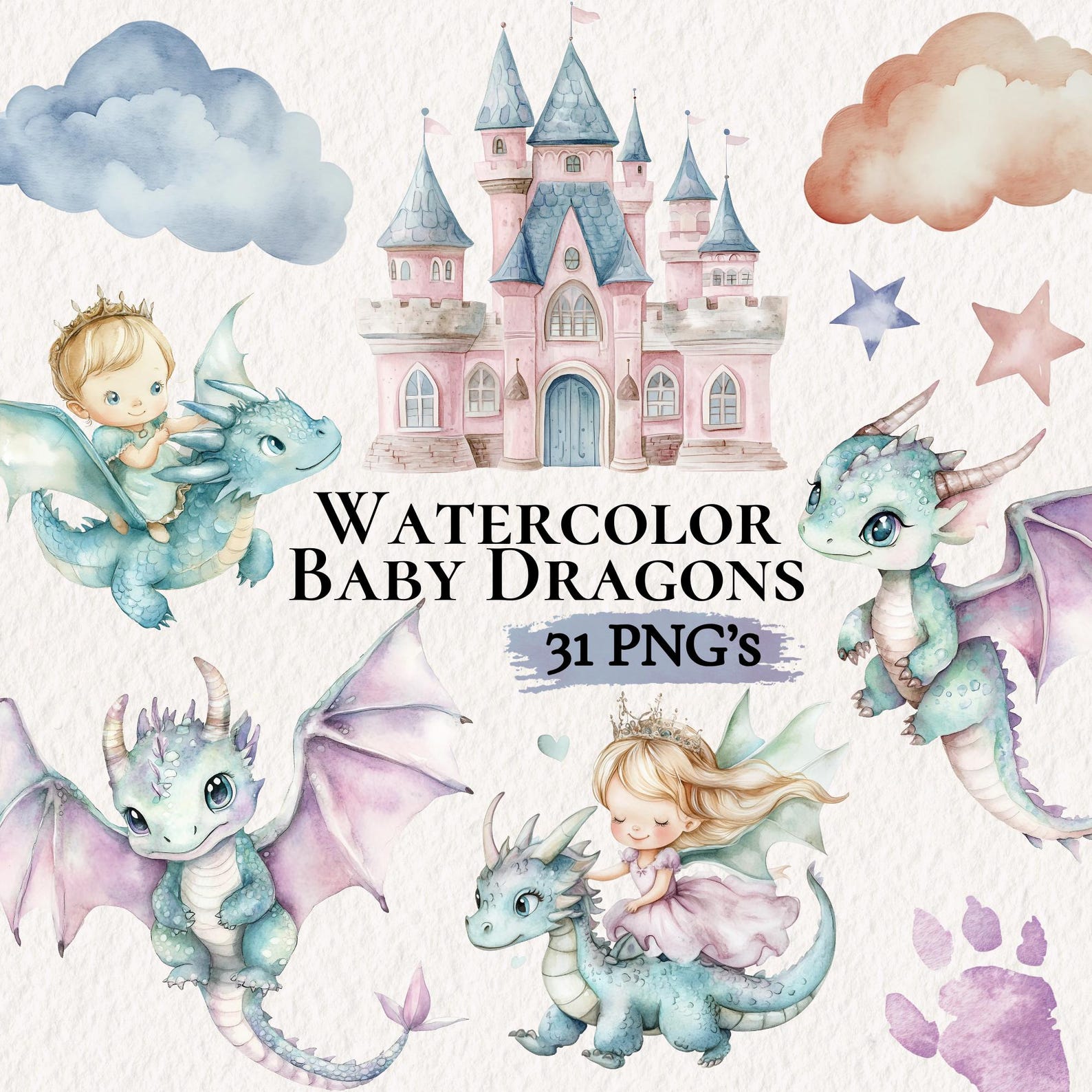 Watercolor Baby Dragons Clipart, Cute Dragon Clipart, Little Kingdom ...