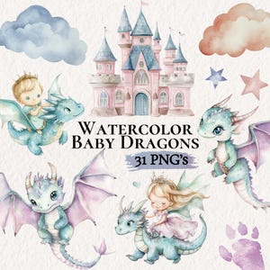Clipart de dragones bebés en acuarela, clipart de dragón lindo, castillo del pequeño reino, fiesta infantil, PNG de dragón lindo, clipart de cuento de hadas, guardería de dragones