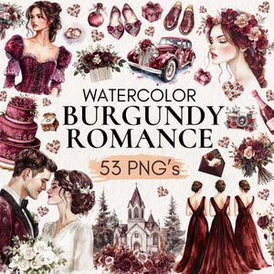 Könnte beinhalten: Aquarell-Illustrationsset mit dem Titel "Watercolor Burgundy Romance" mit verschiedenen Elementen zum Thema Hochzeit. Enthält Illustrationen eines Oldtimers, einer Hochzeitstorte, Schuhen und eines Paares. Das Set enthält 53 PNGs.