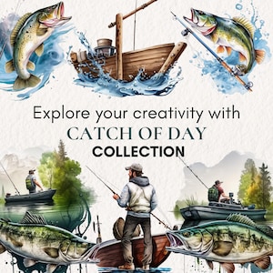 K&ouml;nnte beinhalten: Eine Aquarell-Illustration einer Angelszene mit einem Boot, Fischen und Menschen, die angeln. Der Text "Explore your creativity with CATCH OF DAY COLLECTION" steht in der Mitte des Bildes.