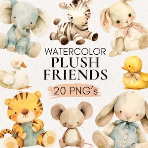 Animais de pelúcia aquarela clipart, animais de pelúcia vintage PNG, brinquedos de pelúcia aquarela PNG, animais de pelúcia fofos, convite para chá de bebê