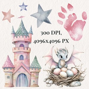 May include: A watercolor illustration set featuring a pink castle, a blue dragon with wings, a nest of eggs, and stars. The set is perfect for adding a whimsical touch to your crafts and projects.