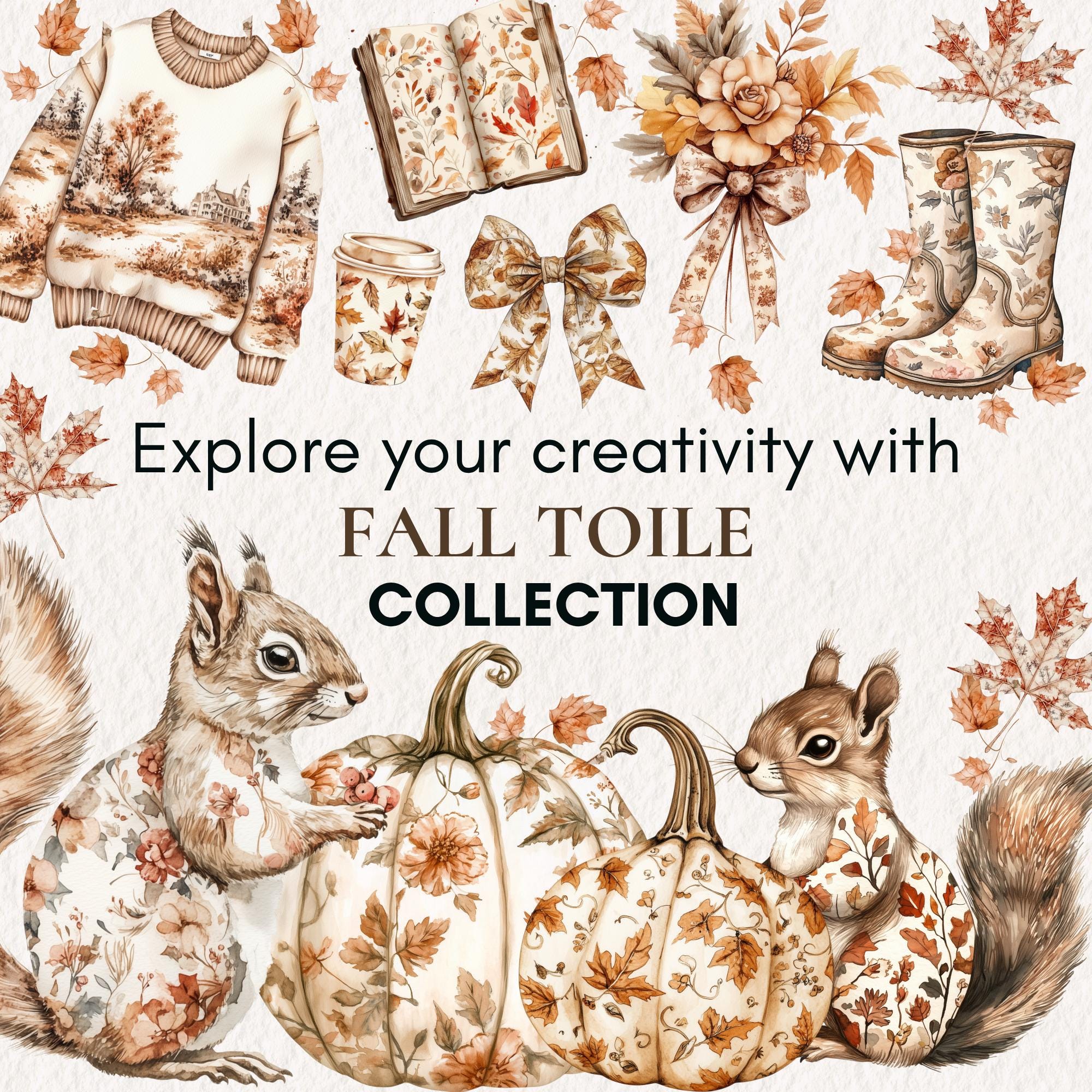 Watercolor Fall Toile Clipart | Autumn Pattern PNG | Elegant Fall ...