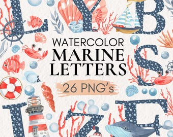 Watercolor Marine Alphabet Clipart | Ocean Animals PNG (Digital Download)