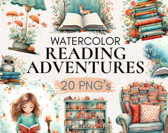 Watercolor Reading Kids Clipart, Bookworms PNG (Digital Download)