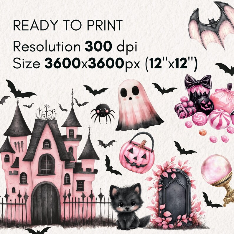 May include: A digital illustration with Halloween motifs. It includes a pink castle, bats, a ghost, a spider, a black kitten, a jack-o'-lantern, and a crystal ball. The image is labelled "READY TO PRINT" with a resolution of 300 dpi and a size of 30.48cm x 30.48cm.