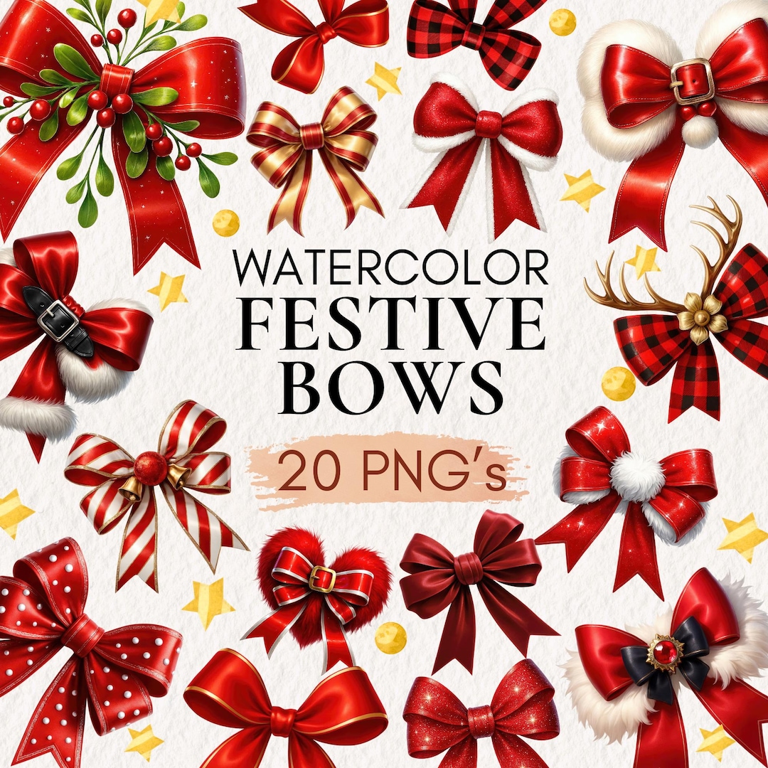 Watercolor Christmas Bow Clipart | Festive Holiday PNG Set (digital ...