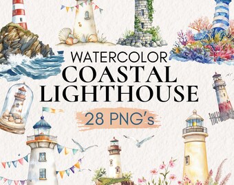 May include: Watercolor illustrations of lighthouses in various styles and colors. The illustrations are set against a background of seashells, waves, and flowers. The text "Watercolor Coastal Lighthouse 28 PNG's" is displayed in the center of the image.