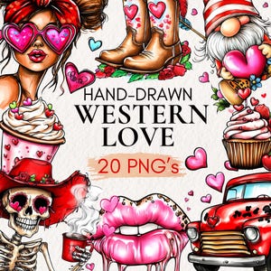 Clipart de San Valentín occidental dibujado a mano, PNG de vaquero romántico, PNG de vaquera, pegatinas digitales, PNG de amor, clipart de vaquero, pegatinas digitales