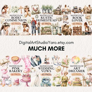 K&ouml;nnte beinhalten: Eine Sammlung von Aquarell-Illustrationen zu verschiedenen Themen, darunter Boho-Kommunion, rustikales Geh&ouml;ft, B&uuml;cherliebhaber, rosafarbene B&auml;ckerei, Hochzeitsgel&uuml;bde und Kunsttr&auml;umer. Jedes Set enth&auml;lt mehrere PNG-Dateien f&uuml;r digitale Designprojekte.