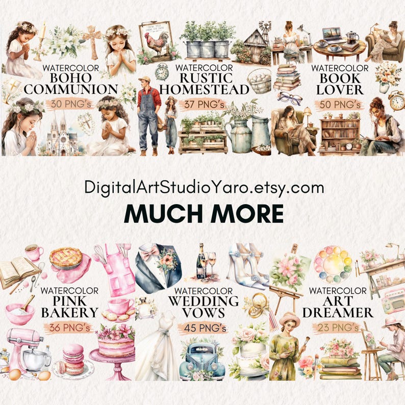 K&ouml;nnte beinhalten: Eine Sammlung von Aquarell-Illustrationen zu verschiedenen Themen, darunter Boho-Kommunion, rustikales Geh&ouml;ft, B&uuml;cherliebhaber, rosafarbene B&auml;ckerei, Hochzeitsgel&uuml;bde und Kunsttr&auml;umer. Jedes Set enth&auml;lt mehrere PNG-Dateien f&uuml;r digitale Designprojekte.