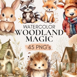 Clipart forêt aquarelle, animaux de la forêt, aquarelle animaux de la forêt PNG, maisons des bois, maison de la forêt aquarelle, cerf ours renard raton laveur